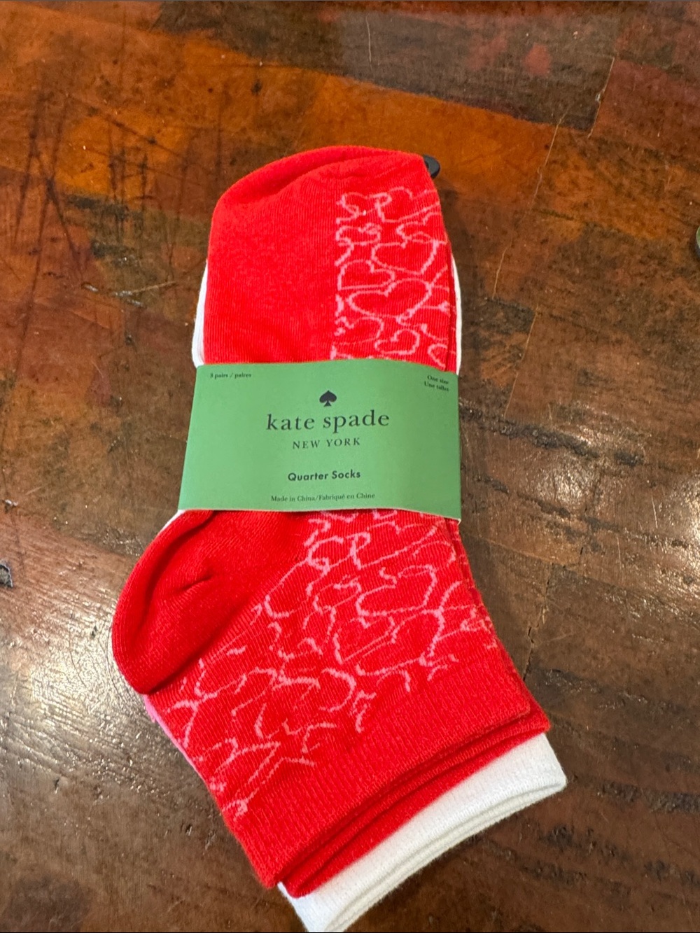 kate spade Red Quarter Socks with White Heart Pattern